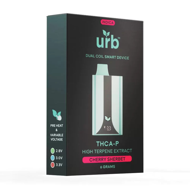 Packaging of Urb Smart Device THCA | THCP Disposable in Cherry Sherbet flavor, 6 grams, featuring a dual coil smart device with pre-heat and variable voltage options. Infused with Live Resin Extract for an enhanced experience.