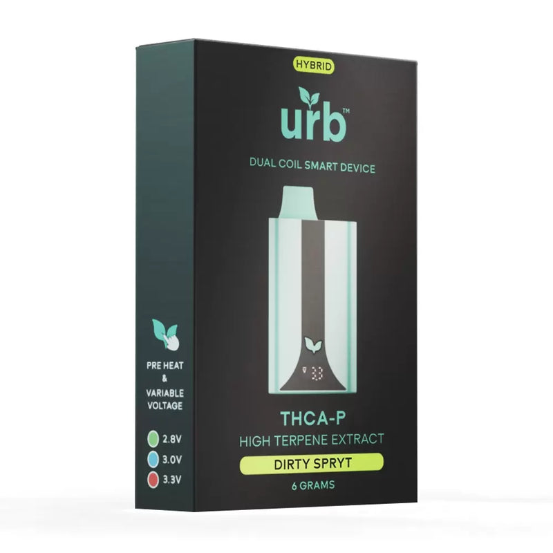 A black box labeled "urb" showcasing an Urb Smart Device THCA | THCP Disposable | 6g with "Dirty Spryt" flavor. It features dual coils, preheat, and variable voltage settings. Also compatible with Delta 8 THC for a versatile experience.