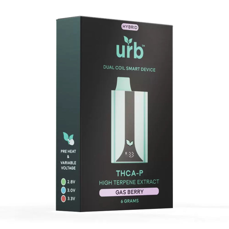 Image of Urb Dual Coil Smart Device box for Urb Smart Device THCA | THCP Disposable | 6g, labeled "Gas Berry." The package features pre-heat and variable voltage options of 2.8V, 3.0V, and 3.3V, along with a capacity of 6 grams. Perfectly crafted for those who enjoy THCA Diamonds and Live Resin Extracts.