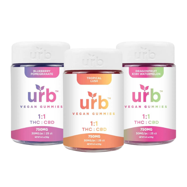 Three jars labeled "Urb 1:1 THC CBD Gummies" by Urb in flavors Blueberry Pomegranate, Tropical Lush, and Dragonfruit Kiwi Watermelon, each containing 750mg and 25 count of gummies, promise an uplifted and euphoric experience along with calming and relaxing effects.