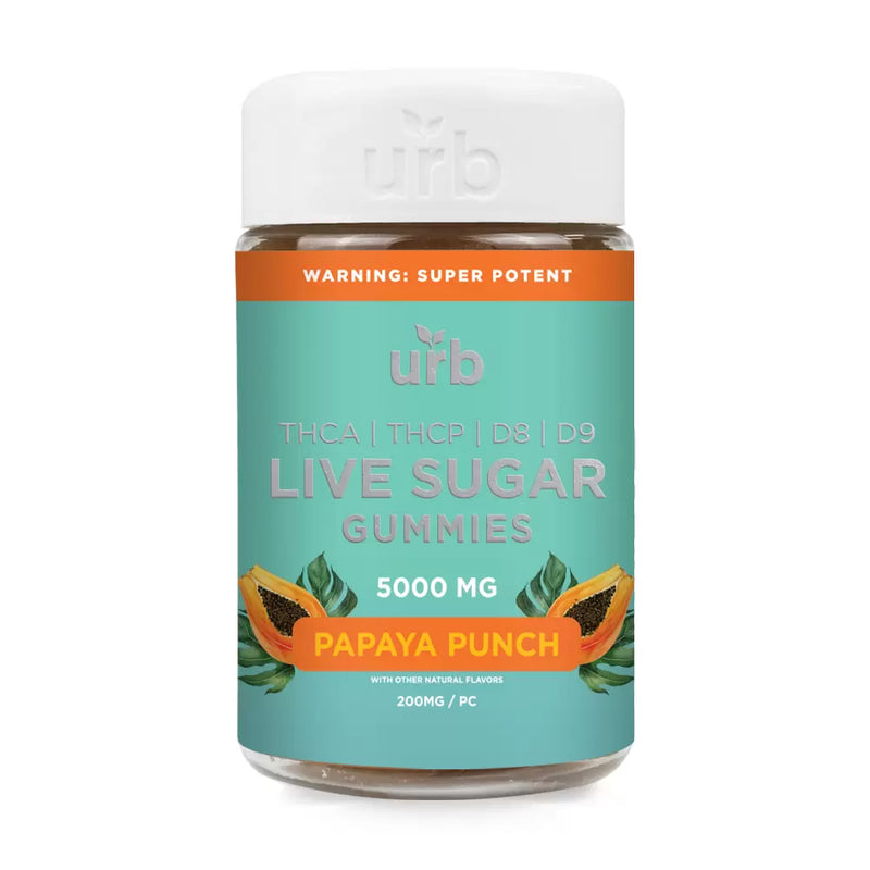 A jar labeled "Urb THCA Live Sugar Gummies | 5000mg" with 5000 mg of THCA Live Sugar, THCP, D8, and D9 in Papaya Punch flavor. Text warning in orange states: "Warning: Super Potent." Jar has green and orange branding.