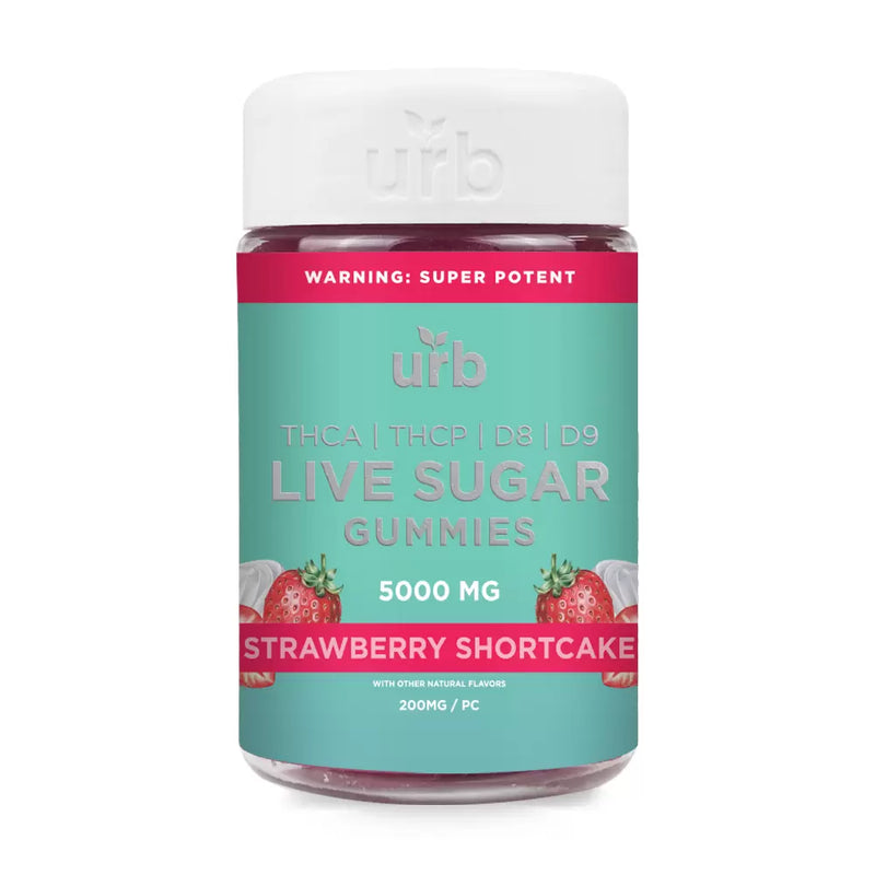 A container of Urb THCA Live Sugar Gummies | 5000mg delivers a potent 5000 mg dose in strawberry shortcake flavor. The label highlights a blend of THCA Live Sugar, THCP, D8, and D9 cannabis extracts, with a clear warning: "super potent.