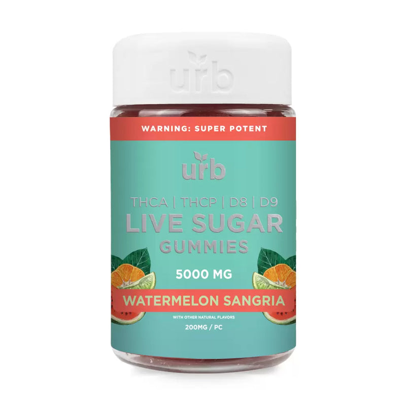 A jar of Urb brand "THCA Live Sugar Gummies" in Watermelon Sangria flavor, boasting 5000 mg potency. The label highlights THCA Live Sugar, THCP, D8, and D9 cannabinoids and warns of super potency.