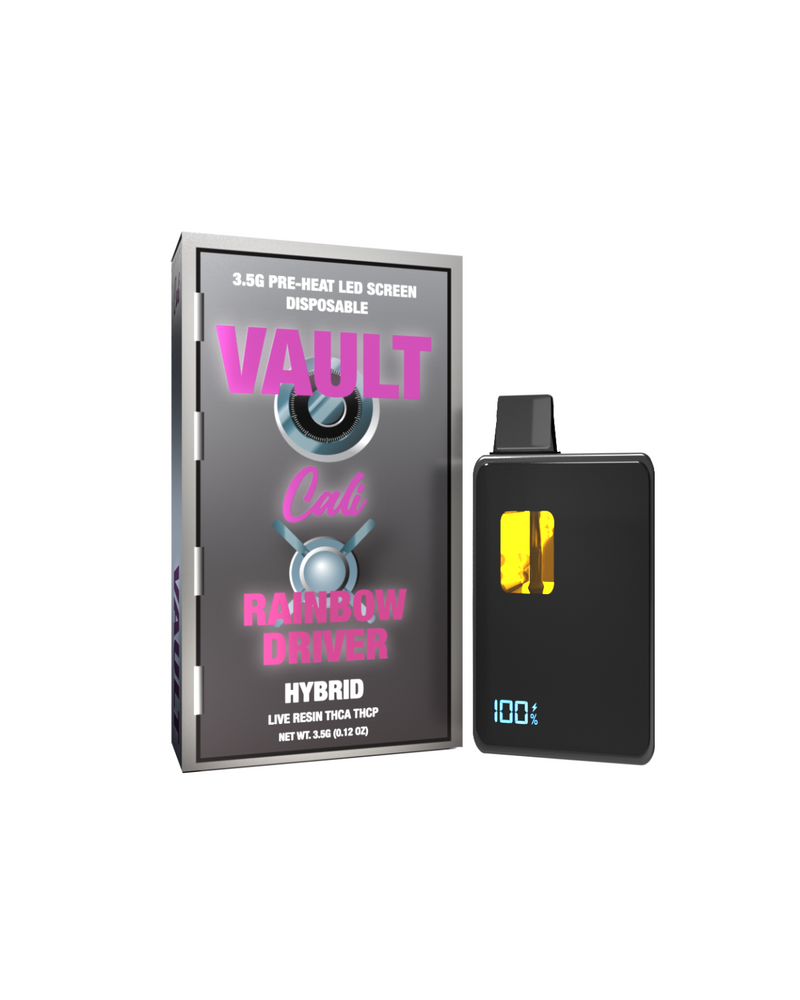 Image of a "Cali Extrax" brand disposable vape pen labeled "Vault," featuring a digital screen and a small tank infused with live resin terpenes, set beside its packaging for the Cali Extrax Vault THCA Disposable | 3.5g.