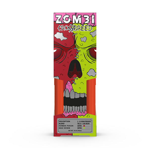 The image shows packaging for Zombi Crossbreed Juggernaut Disposable | 7g, a product from the brand Zombi featuring a red and green skull design. Key details include a sativa blend with Durban Poison strain, enhanced with Live Resin.