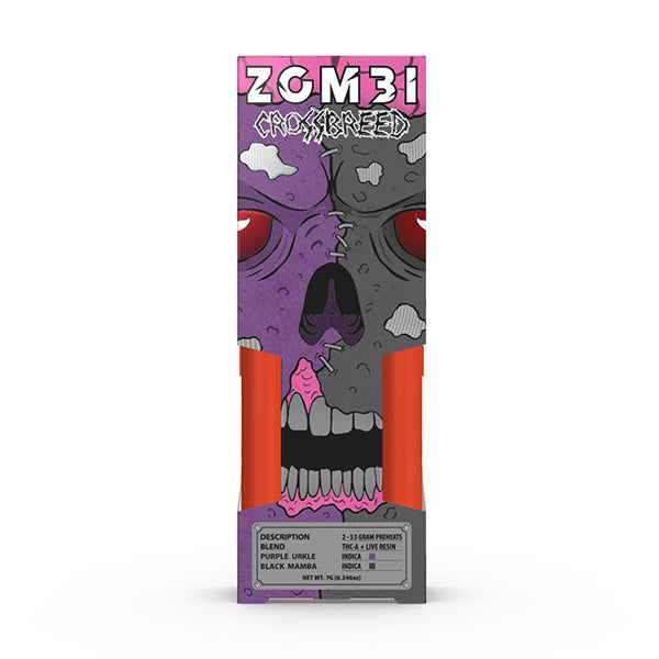 Box of Zombi Zombi Crossbreed Juggernaut Disposable | 7g vape pens featuring a purple and black skull illustration with glowing red eyes. The pens, made with Live Resin, are visible through a cutout in the center of the packaging.