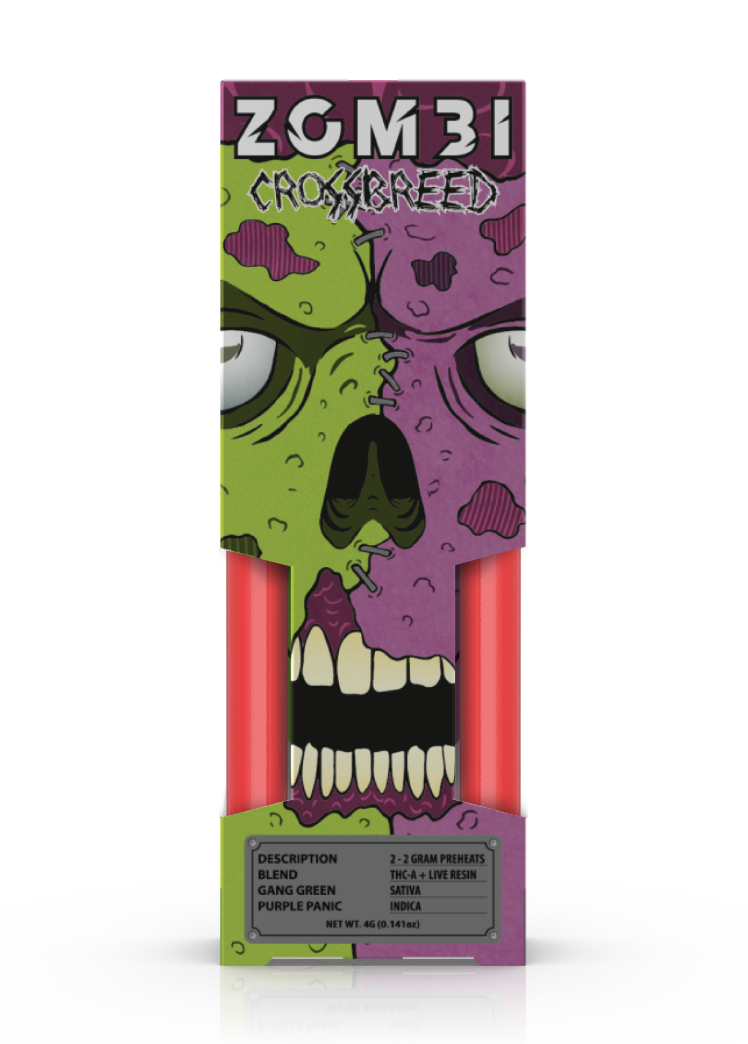 A box labeled "Zombi Crossbreed THCA Live Resin Disposable 4g | 2pk by Zombi" features a cartoon zombie face and two red vape pens. The blend includes Gang Green and Purple Panic with sativa and indica live resin—Delta 8 Live Resin disposables for an elevated experience.