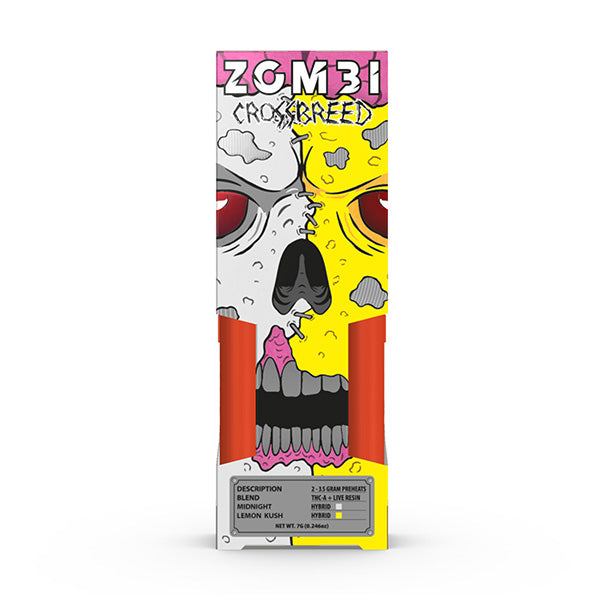 A colorful packaging featuring a skull illustration with text "Zombi Crossbreed Juggernaut Disposable | 7g". Two red vape pens containing Live Resin are visible inside the transparent section. Ingredients, including THCA and Delta 8, and details are listed at the bottom.