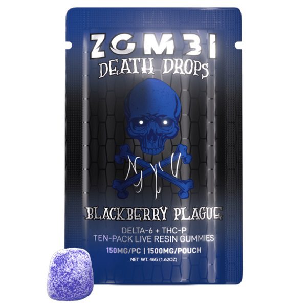 A pouch labeled "Zombi Death Drops Gummies 1500mg | 10ct" from the brand Zombi, featuring a blue skull graphic, contains a potent THC blend of Delta-6 and THC-P live resin gummies. One purple gummy is displayed outside the pouch, ready for your hemp gummy adventures.