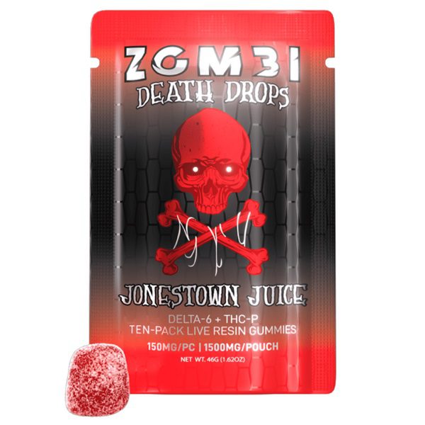 Introducing Zombi Death Drops Gummies 1500mg | 10ct by Zombi, with striking red and black packaging featuring a red skull and gummy. Each Jonestown Juice gummy is labeled with Delta-6 + THC-P and contains 150 mg per piece, totaling 1500 mg per pouch. Embark on your hemp gummy adventures with this potent THC blend of ten-pack live resin gummies!