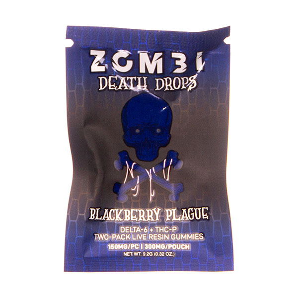 A small purple bag labeled "Zombi Death Drops Gummies 300mg | 2ct," containing two Delta-6 and THC-P gummies, each 150mg, with a blue skull and crossbones graphic. Embark on a hemp gummy adventure. Brand: Zombi. Net weight: 9.3g.