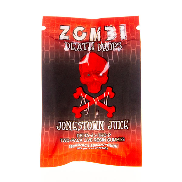 The image shows a packet of gummies labeled "Zombi Death Drops Gummies 300mg | 2ct Zombi," containing Delta-6 THC-P. The red and black packet, featuring a skull and crossbones graphic, promises a thrilling hemp gummy adventure.