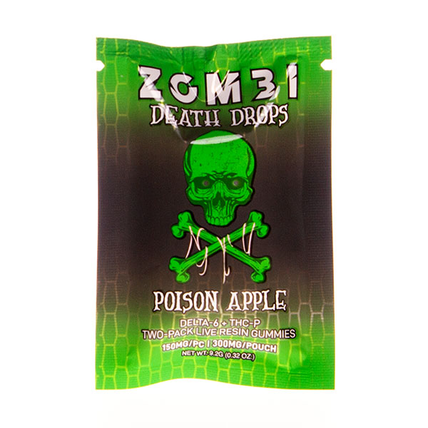 A green and black packet labeled "Zombi Death Drops Gummies 300mg | 2ct" with a skull and crossbones design, containing Delta 6.0 THC-P gummies in "Poison Apple" flavor. Net weight: 9.30g (0.32 oz). Get ready for a Zombi gummy adventure unlike any other!