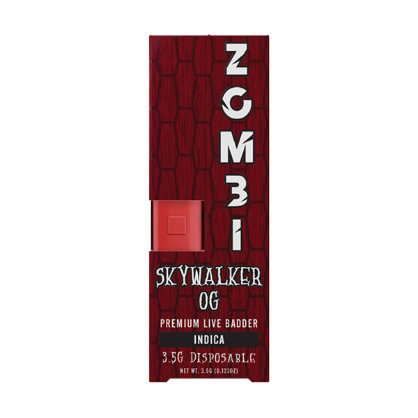 Red and black packaging for a Zombi brand disposable vape pen. Text reads: "Zombi Live Badder Disposable | 3.5g, infused with Delta 8 THC, Net Wt. 3.5G (0.1230oz).