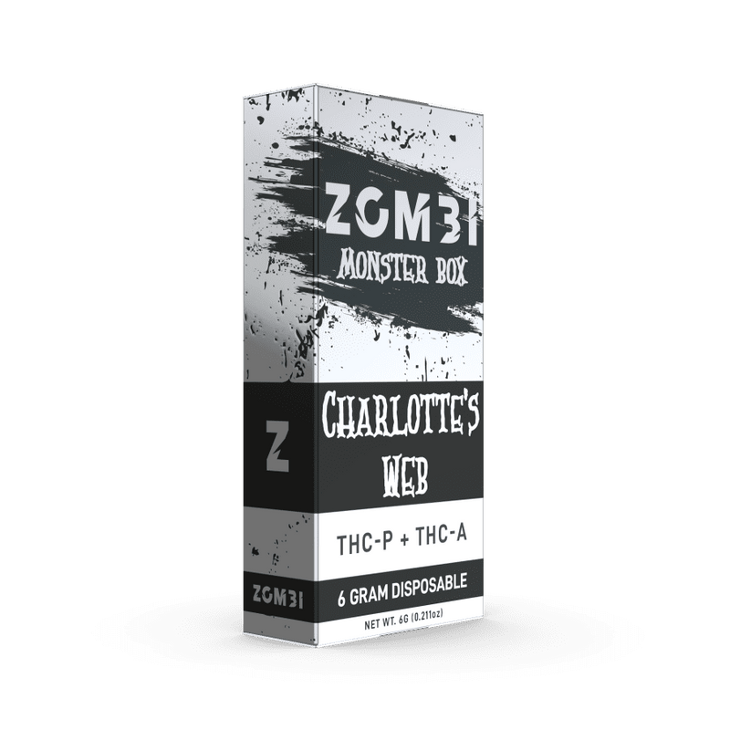 Image showing a Zombi Monster Box Disposable | 6g branded Zombi labeled "Charlotte's Web" containing THC-P and THC-A.