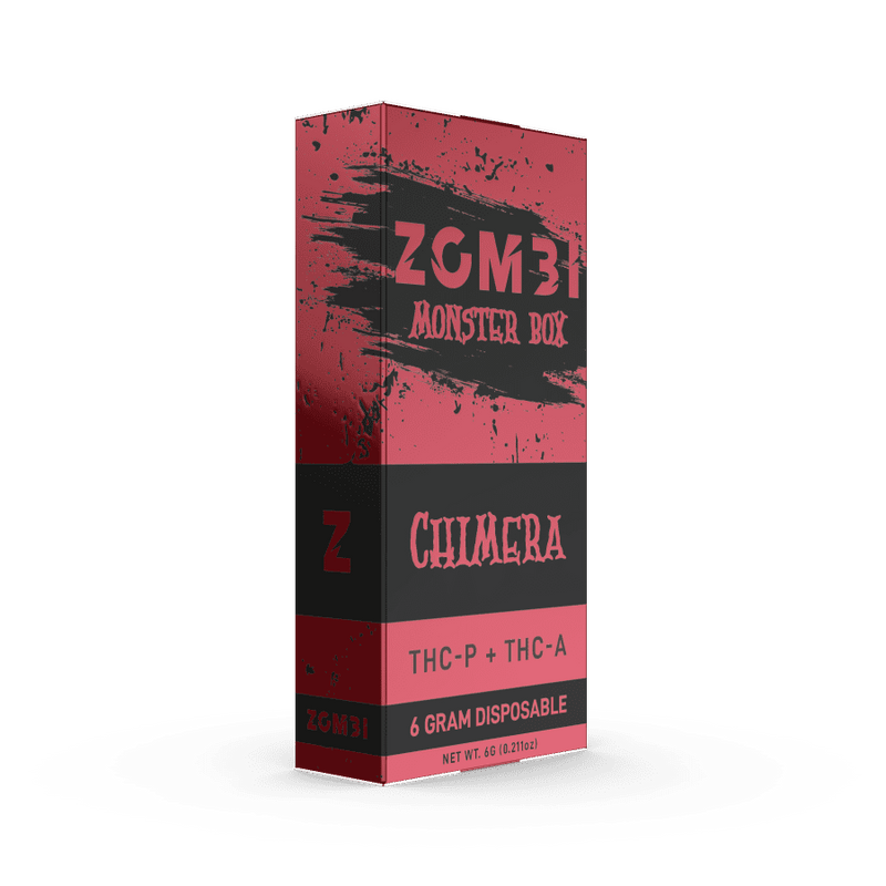 Red and black packaging for the "Zombi Monster Box Disposable | 6g" labeled "Zombi," featuring THC-P and Delta 8, with a 6 grams disposable vape pen. Net weight: 0.6 fl. oz (17.22ml).