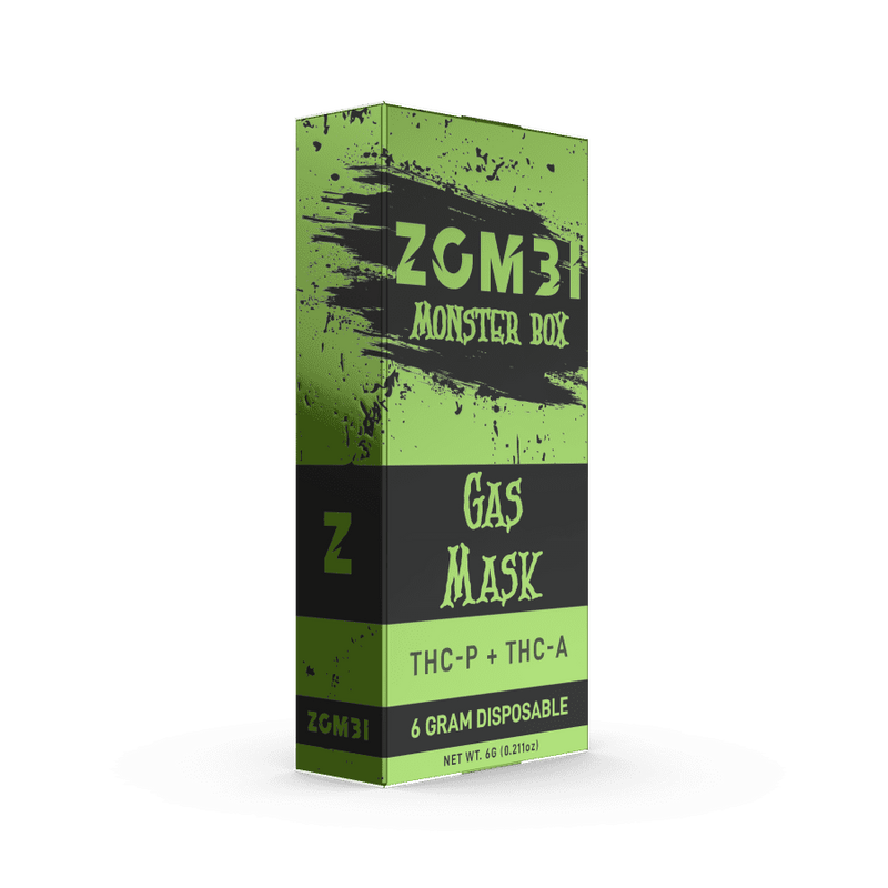 A green and black box with the text "Zombi Monster Box Disposable | 6g, THC-P + THC-A, 6 gram disposable vape pen, net wt 6g, 172ml" written on it.