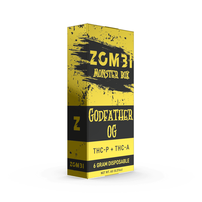 Image of a Zombi Monster Box labeled "Zombi Monster Box Disposable | 6g" containing a 6-gram disposable THC-P + THC-A vape pen. The packaging is yellow and black with a worn, distressed design style.