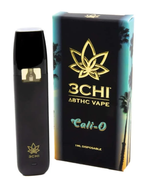 Image of a 3Chi Delta 8 Disposable Vape next to its packaging box, labeled "Cali-O" and indicating a 1 ml disposable product. The box features a stylized cannabis leaf and a palm tree design.