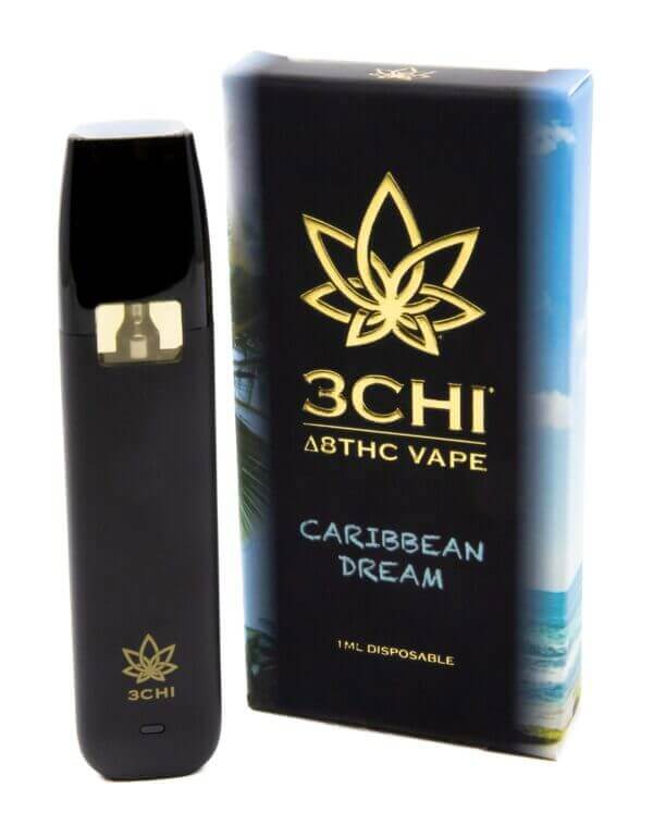 A black 1ml disposable vape pen is placed next to a box labeled "3Chi Delta 8 Disposable Vape." The box, featuring the brand logo and text on a tropical-themed background, highlights its Delta 8 THC, hemp-derived origins.