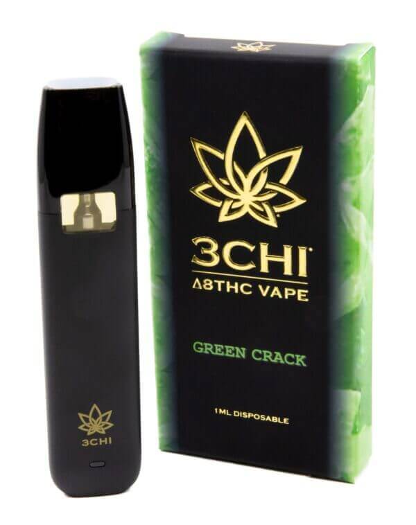 A 3Chi Delta 8 Disposable Vape and its box labeled "Green Crack," featuring a green and black design with gold text and a floral logo, crafted from hemp-derived ingredients.