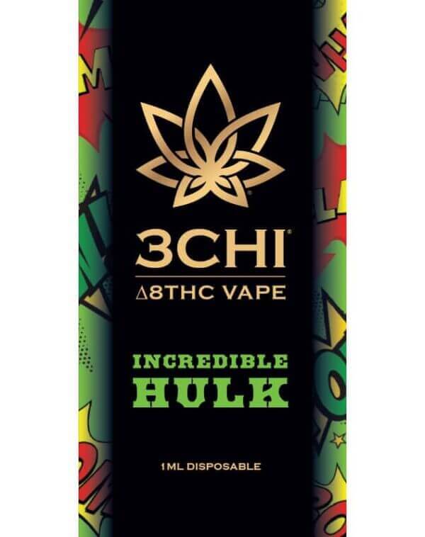 A vape cartridge package labeled "3Chi Delta 8 Disposable Vape Incredible Hulk," featuring colorful comic-style designs in the background and "1 ML Disposable" at the bottom, highlighting its hemp-derived Delta 8 THC content.