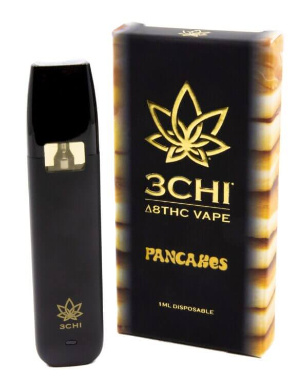 A disposable vape device and its packaging labeled "3Chi Delta 8 Disposable Vape," with a volume of 1 ml each. The sleek black and gold packaging emphasizes its hemp-derived Delta 8 THC content, offering a stylish and convenient choice among disposable vape pens.