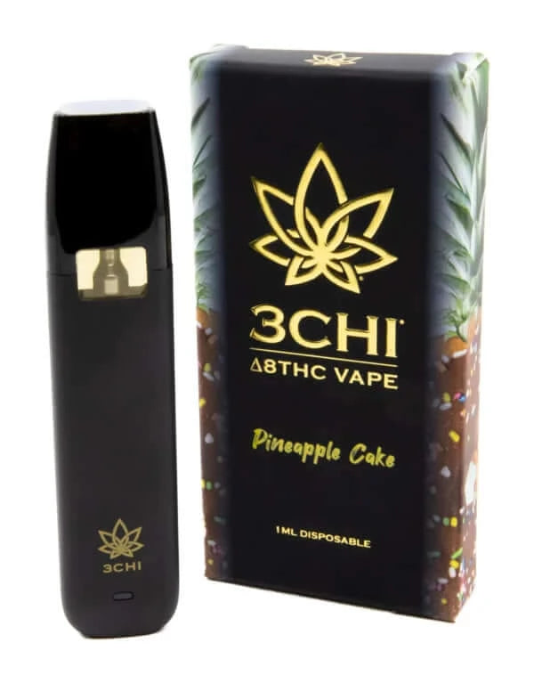 A 3Chi Delta 8 Disposable Vape and its packaging, featuring the "Pineapple Cake" flavor with a 1 ml cartridge. This hemp-derived Delta 8 THC product offers convenience and quality in one sleek design.