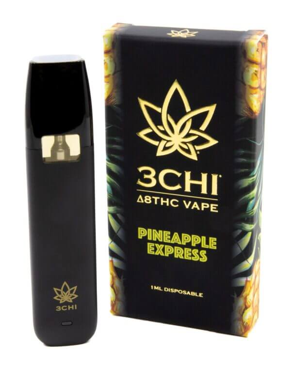 Image of a 3Chi Delta 8 Disposable Vape product. The hemp-derived Delta 8 THC disposable vape pen is next to its packaging, which reads "Pineapple Express" and "1 mL Disposable".