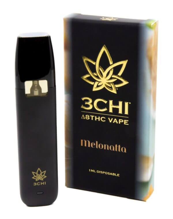 A black vape pen and its packaging, labeled "3Chi Delta 8 Disposable Vape Melonatta, 1ML," are displayed. The packaging features a stylized leaf logo and gold text on a dark background, highlighting its Delta 8 THC content derived from hemp.