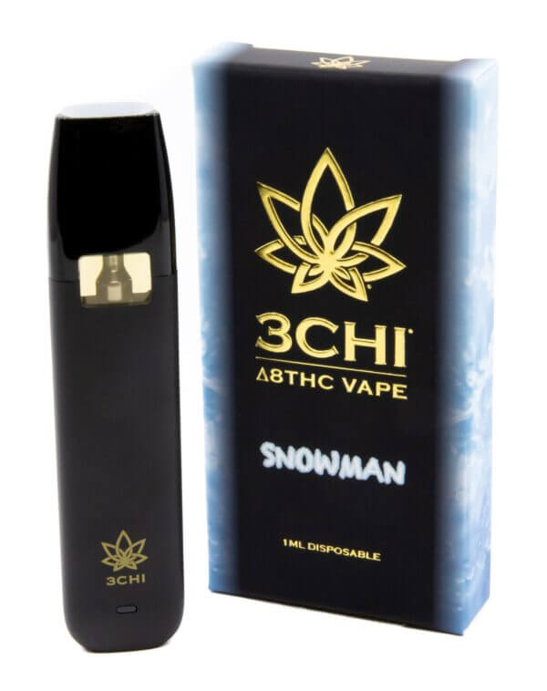 A black disposable vape pen labeled "3Chi" next to its blue and black box with the text "3Chi Delta 8 Disposable Vape" and "1ML DISPOSABLE," featuring a gold cannabis leaf logo. This hemp-derived Delta 8 THC pen is perfect for convenience and style.