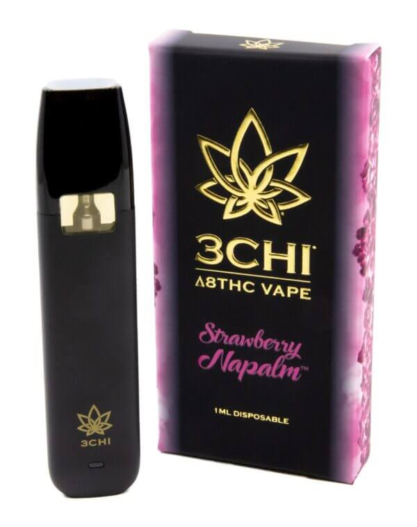 Image of a 3Chi Delta 8 Disposable Vape by 3Chi and its packaging labeled "Strawberry Napalm." The packaging features a golden logo and text on a black and purple background. The hemp-derived vape pen is sleek and black with a small golden logo.