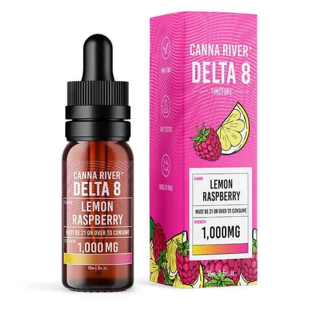 Bottle of Canna River Delta 8 Tincture next to its pink box packaging, featuring 1,000 MG dosage and vibrant lemon raspberry illustrations.