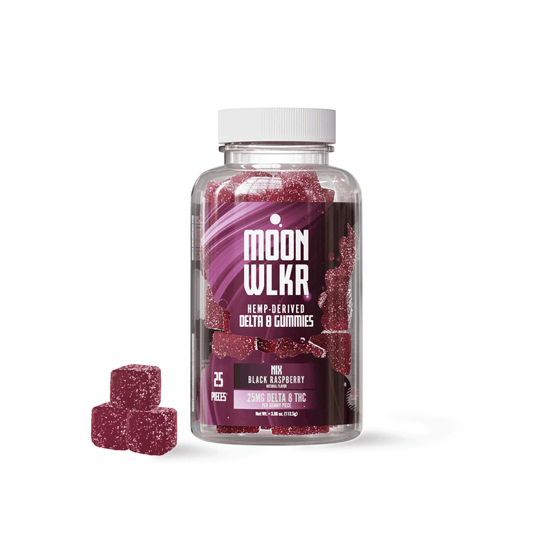 A bottle labeled "Moonwlkr Delta 8 Gummies" by Moonwlkr contains square, dark purple gummies, with some displayed outside the bottle. These Delta 8 THC gummies feature a tantalizing "Black Raspberry" flavor.