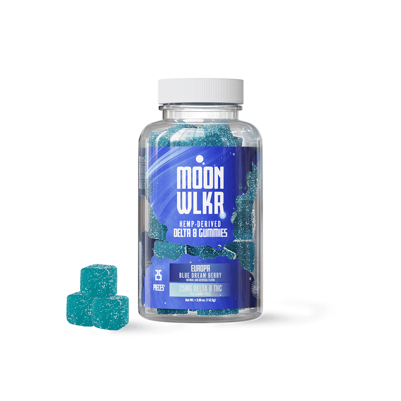 A clear bottle labeled "Moonwlkr Moonwlkr Delta 8 Gummies" contains blue raspberry flavored Delta 8 gummies. Three gummies are placed outside the bottle. The label indicates 25 gummies with 25mg of Delta 8 THC each.