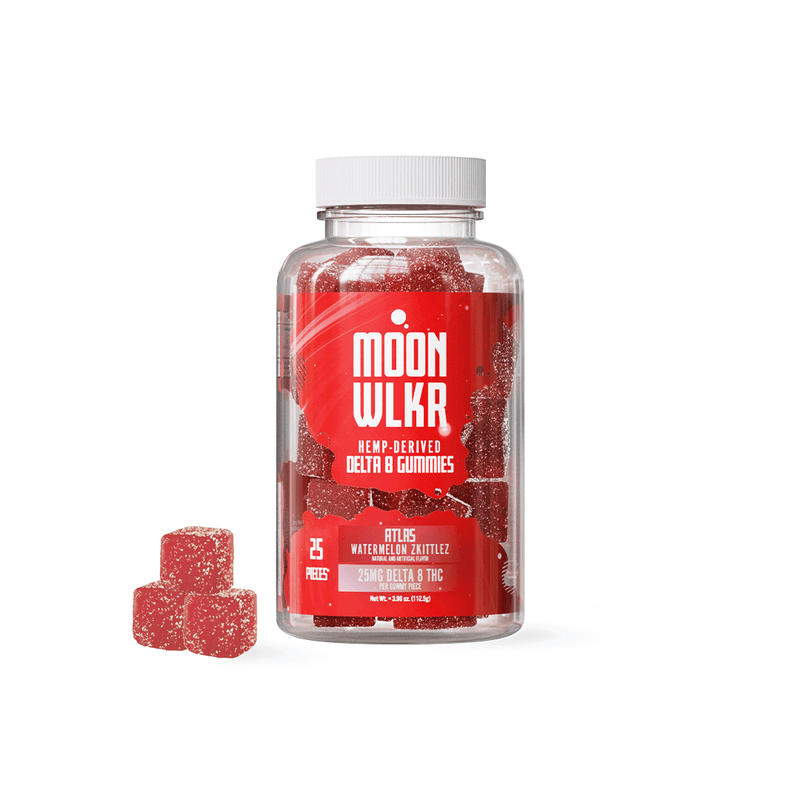 A clear plastic bottle labeled "Moonwlkr Delta 8 Gummies" filled with red square gummies, with a few delicious Moonwlkr Delta 8 THC gummies placed outside the bottle.