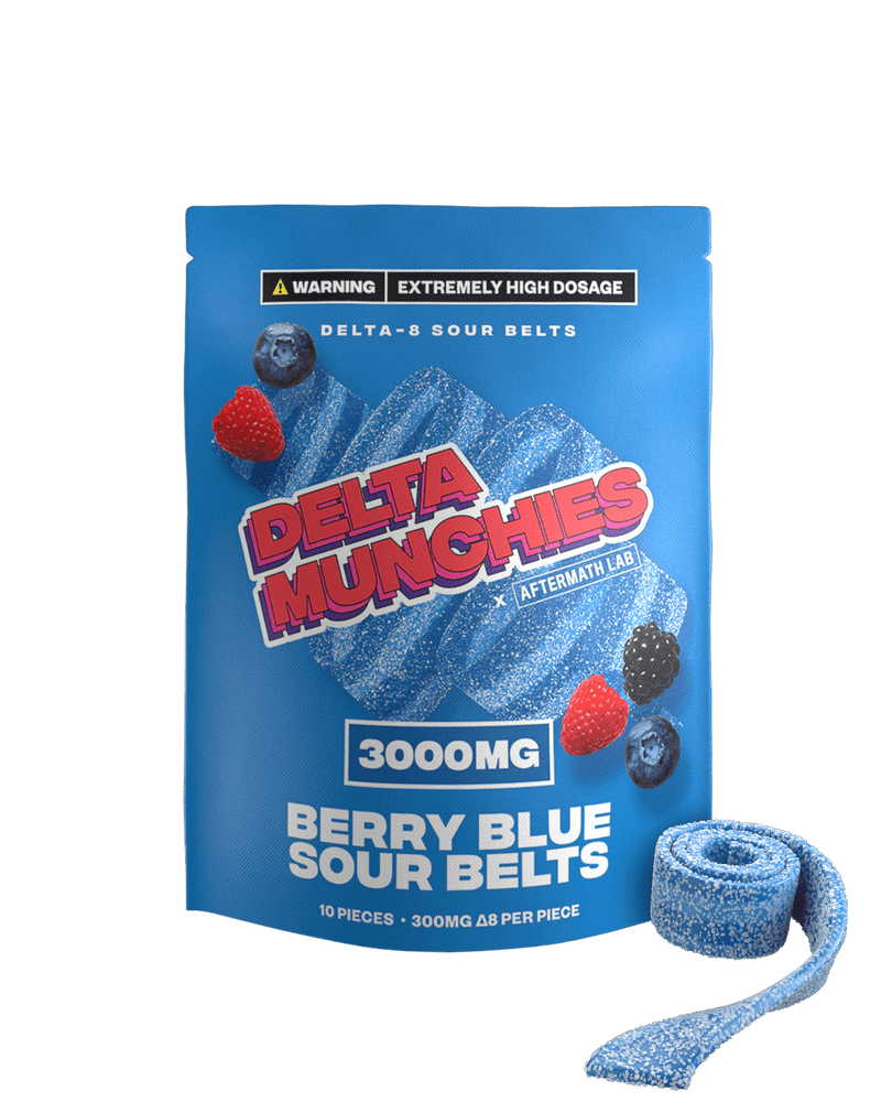 A blue package labeled "Delta Munchies Delta 8 Sour Belts" containing 10 pieces with a total of 3000mg Delta-8 THC, featuring one partially unraveled sour belt in front—one of the strongest Delta-8 gummies you can find.