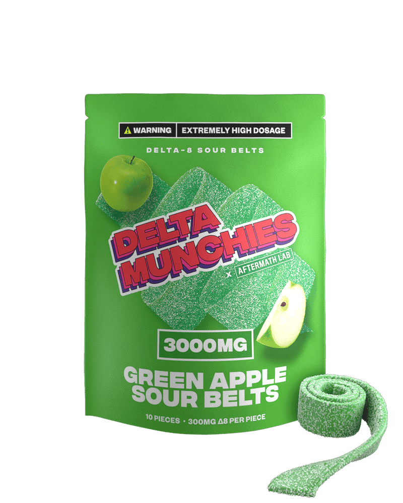 A package of Delta Munchies Delta 8 Sour Belts, labeled for high dosage with 3000mg Delta-8 THC. The candy is green and sugar-coated, showcasing one of the strongest Delta 8 gummies. One sour belt is partially unwound beside the package.