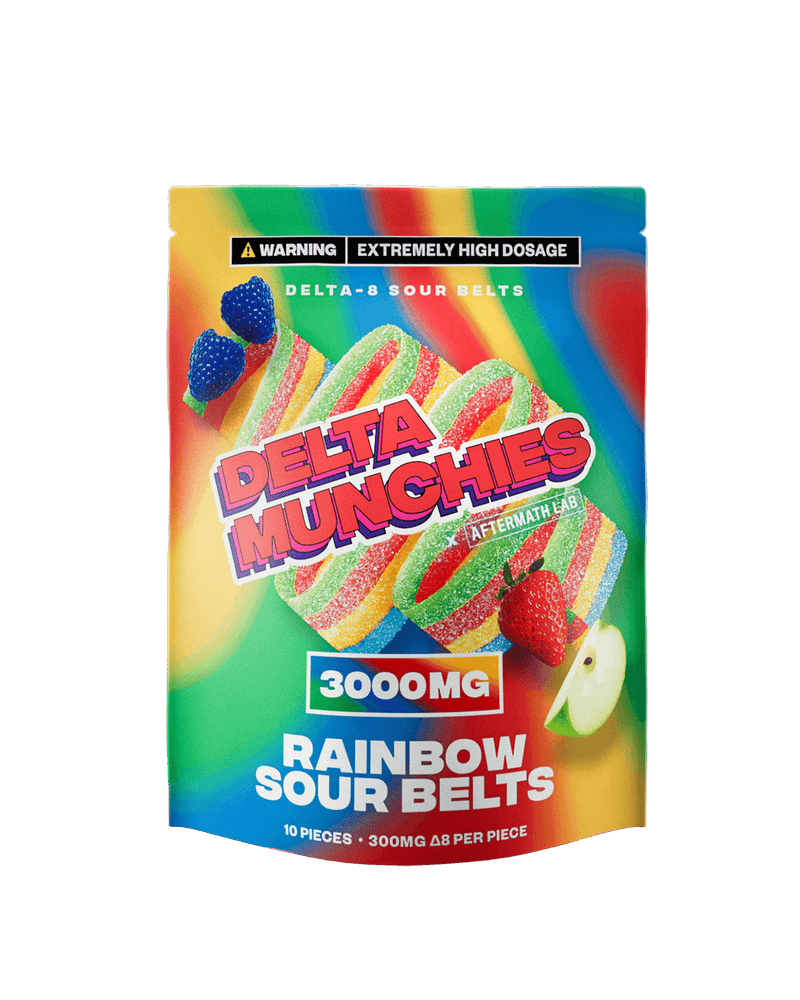 A colorful package labeled "Delta Munchies Delta 8 Sour Belts" showcases vibrant candy belts, strawberries, and an apple. Highlighting a whopping 3000mg of Delta 8 THC in the strongest Delta 8 gummies, each pack contains 10 potent Sour Belts.