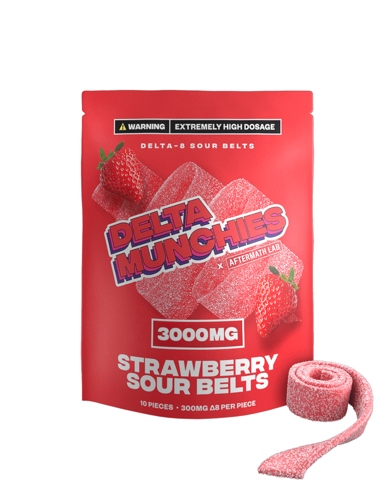 A package of Delta Munchies Delta 8 Sour Belts, boasting 3000mg of Delta-8 THC. The striking red bag showcases images of the sour belts and boldly states "Extreme High Dosage," with 10 pieces making these some of the strongest Delta 8 gummies available.