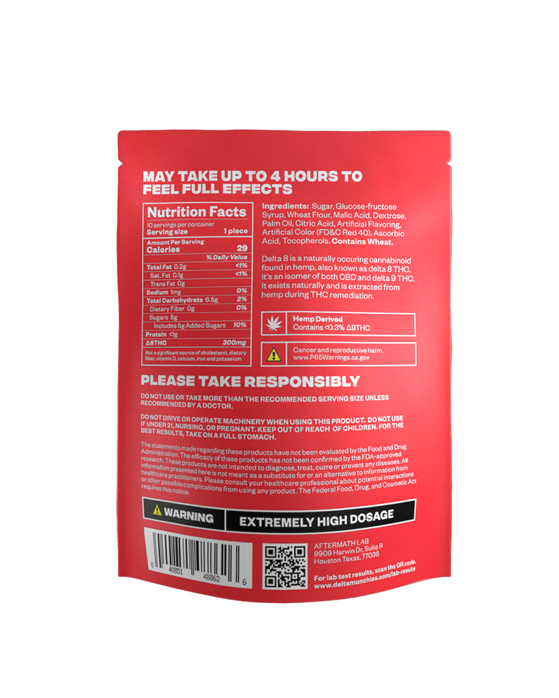 Back of a red package showing the nutrition facts, ingredients, warning about the high dosage, and instructions for responsible consumption of Delta Munchies Delta 8 Sour Belts containing the strongest Delta 8 THC gummies.