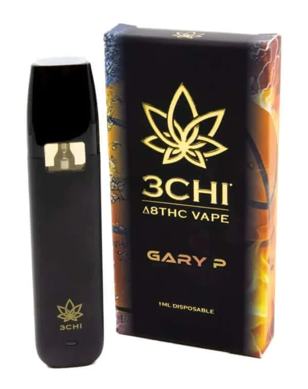 A 3Chi Delta 8 Disposable Vape labeled "3Chi" sits beside its packaging that showcases a stylized flower logo along with the text "GARY P" and "1ML DISPOSABLE." This hemp-derived disposable vape pen offers a convenient and stylish option for your vaping needs.