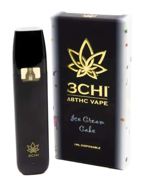 A 3Chi Delta 8 Disposable Vape labeled "Ice Cream Cake" is shown next to its sleek black and gold packaging. The hemp-derived vape device is black with a visible window and logo.