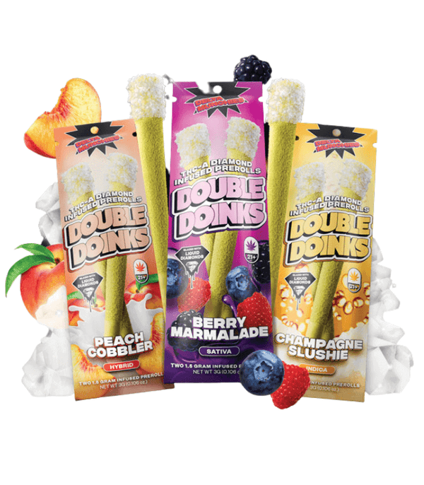 Three Delta Munchies THC-A Diamond Infused Prerolls | 2pk packs in Peach Cobbler, Berry Marmalade, and Champagne Slushie flavors are displayed with fruit illustrations and branded packaging. These Delta Munchies THC-A diamond-infused joints offer an elevated experience.