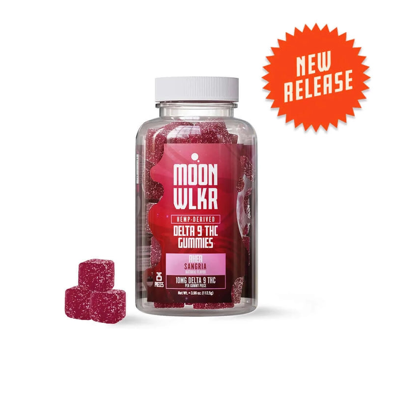 A clear bottle filled with red gummy cubes labeled, "Moonwlkr Delta 9 Gummies, Flavor Sangria." There is a "New Release" graphic in orange on the top right corner.