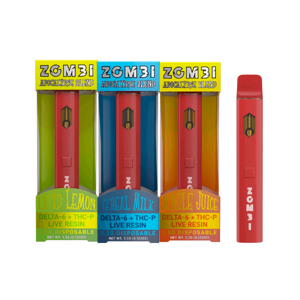 Image of three Zombi Disposable Vape Apocalypse Blend | 3.5g in various flavors: Zkittlez Lemon, Cereal Milk, and Jungle Juice. Featuring rich live resin terpenes, each pen is packaged in a colorful box to match its unique taste from the Zombi brand.