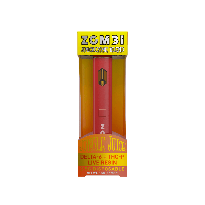 A red Zombi Disposable Vape Apocalypse Blend | 3.5g features Delta 6 THC + THC-P live resin terpenes, and is labeled "Jungle Juice" in yellow packaging. Net weight is 3.5G (0.123OZ).