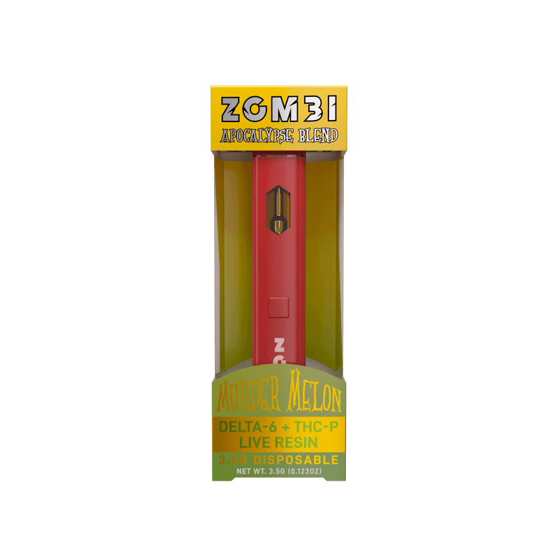 Zombi Disposable Vape Apocalypse Blend | 3.5g in Murder Melon flavor, featuring live resin terpenes and Delta-6 THC-P, displayed in its packaging.