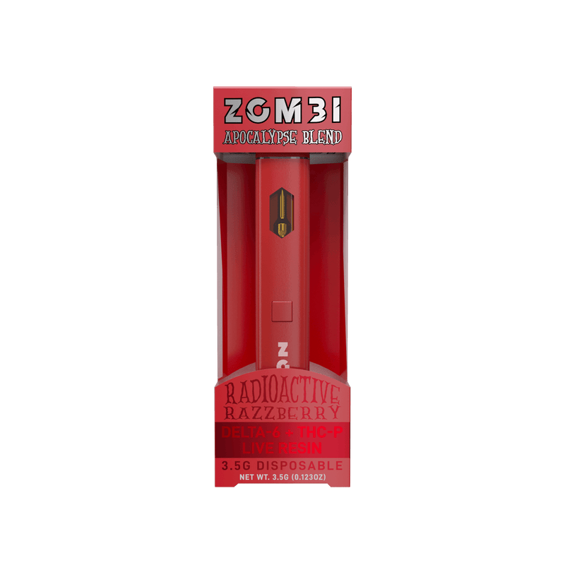 A red vape device in packaging labeled "Zombi Disposable Vape Apocalypse Blend | 3.5g Radioactive Razzberry Delta-8 THC-P Live Resin with Delta 6 THC, Disposable.